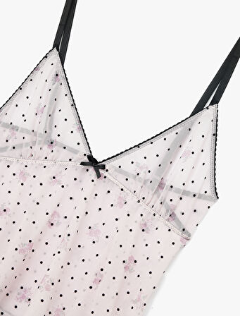 İnce Askılı Puantiyeli Tül Kamisol Pijama Üstü