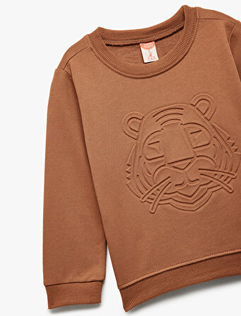 Uzun Kollu Bisiklet Yaka Pamuklu Baskılı Sweatshirt