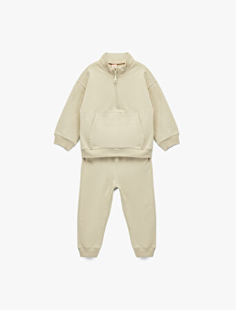 Dik Yaka Fermuar Detaylı Uzun Kollu Pamuklu Basic Eşofman Takımı 