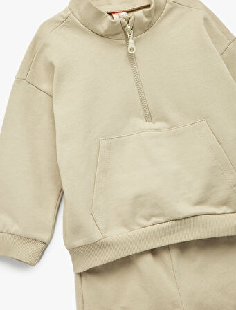 Dik Yaka Fermuar Detaylı Uzun Kollu Pamuklu Basic Eşofman Takımı 