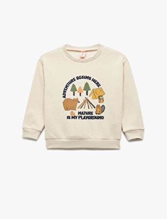 Uzun Kollu Şardonlu Bisiklet Yaka Baskılı Sweatshirt