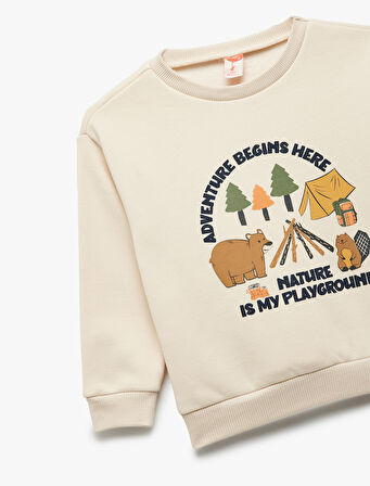 Uzun Kollu Şardonlu Bisiklet Yaka Baskılı Sweatshirt