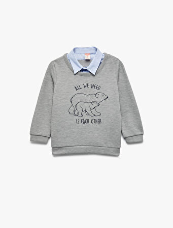 Uzun Kollu Gömlek Yaka Baskılı Sweatshirt