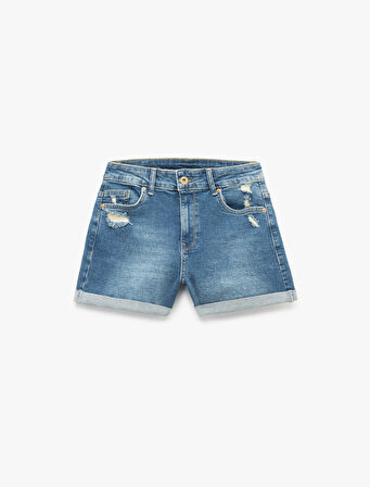 Katlı Paça Yıpratılmış Düğmeli Cepli Skinny Fit Mini Denim Şort