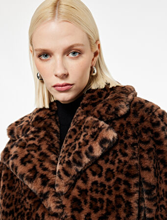 Suni Kürk Kaban Leopar Desenli Uzun Kollu Cepli
