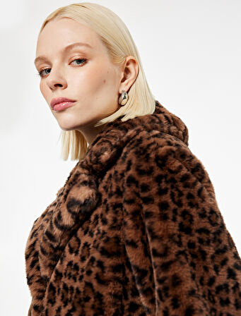 Suni Kürk Kaban Leopar Desenli Uzun Kollu Cepli