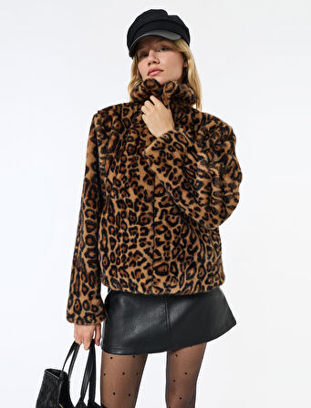Suni Kürk Mont Leopar Desenli Crop Cepli Fermuarlı