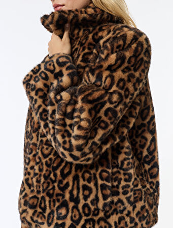Suni Kürk Mont Leopar Desenli Crop Cepli Fermuarlı