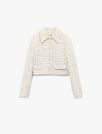 İnci Düğme Detaylı Kareli Kruvaze Uzun Kollu Tüvit Crop Ceket