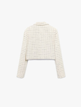 İnci Düğme Detaylı Kareli Kruvaze Uzun Kollu Tüvit Crop Ceket