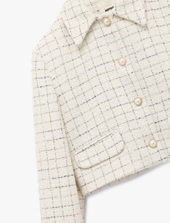 İnci Düğme Detaylı Kareli Kruvaze Uzun Kollu Tüvit Crop Ceket