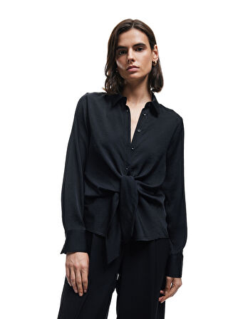 Aerobin Kumaş Uzun Kollu Önden Bağlama Detaylı Saten Gömlek