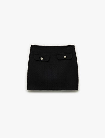 A Kesim Aplike Detaylı Armürlü Mini Tüvit Etek