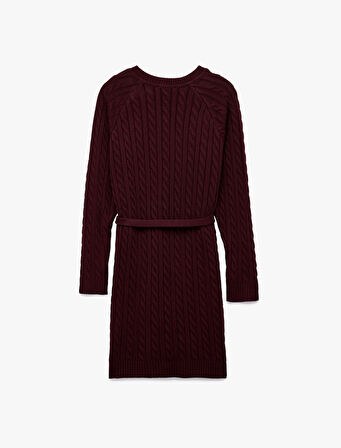 Uzun Kollu Bisiklet Yaka Kemerli Mini Boy Saç Örgü Triko Elbise