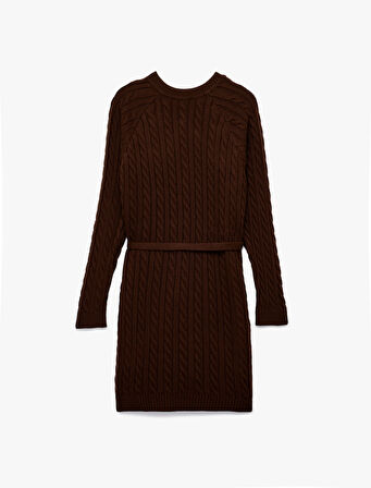 Uzun Kollu Bisiklet Yaka Kemerli Mini Boy Saç Örgü Triko Elbise