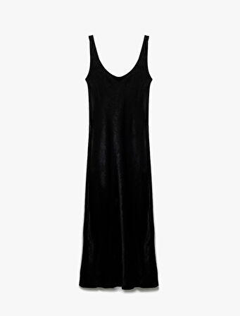Slim Fit Kolsuz U Yaka Kalın Askılı Uzun Saten Elbise