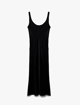 Slim Fit Kolsuz U Yaka Kalın Askılı Uzun Saten Elbise