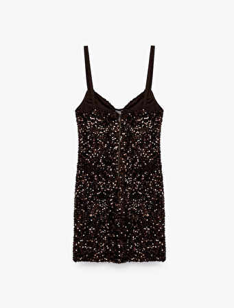 Pencere Detaylı V Yaka Kolsuz Pullu Payetli Mini Abiye Elbise