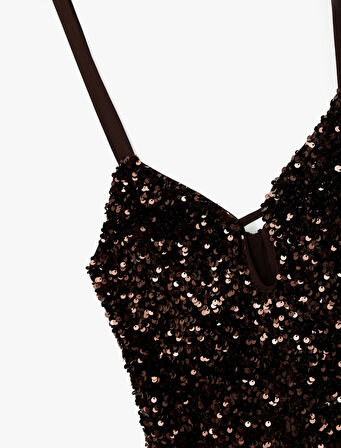 Pencere Detaylı V Yaka Kolsuz Pullu Payetli Mini Abiye Elbise