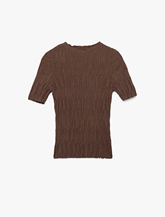 Kısa Kollu Bisiklet Yaka Büzgülü Dokulu Triko Kazak