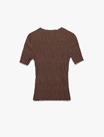 Kısa Kollu Bisiklet Yaka Büzgülü Dokulu Triko Kazak