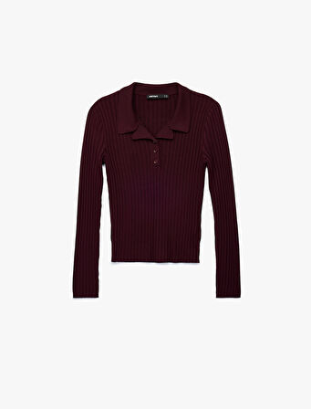 Yarım Düğme Detaylı Uzun Kollu Polo Yaka Triko Kazak