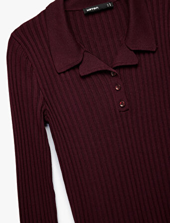 Yarım Düğme Detaylı Uzun Kollu Polo Yaka Triko Kazak