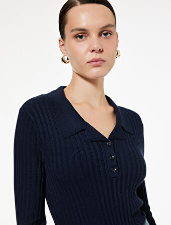 Yarım Düğme Detaylı Uzun Kollu Polo Yaka Triko Kazak