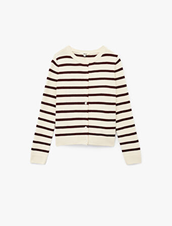 Uzun Kollu Düğmeli Bisiklet Yaka Çizgili Triko Hırka