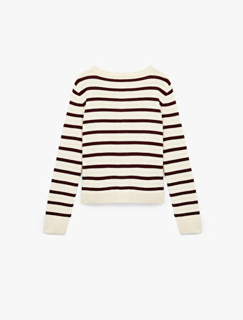 Uzun Kollu Düğmeli Bisiklet Yaka Çizgili Triko Hırka