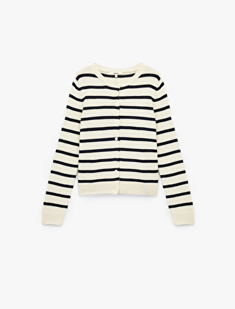 Uzun Kollu Düğmeli Bisiklet Yaka Çizgili Triko Hırka