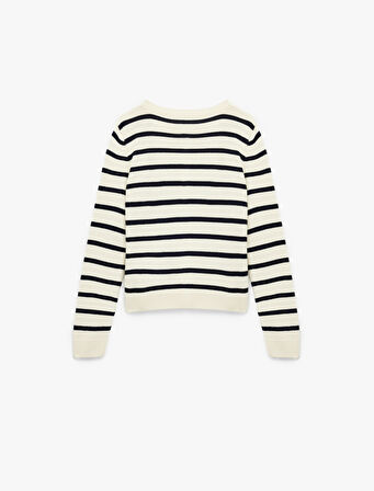 Uzun Kollu Düğmeli Bisiklet Yaka Çizgili Triko Hırka