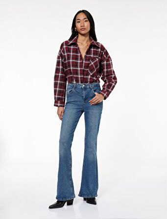 Pamuklu Düğmeli Cepli Dar Kesim Yüksek Bel İspanyol Paça Jean Pantolon - Flare Jeans