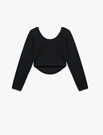 Pamuklu Uzun Kollu Kayık Yaka Crop Tişört