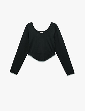 Pamuklu Uzun Kollu Kayık Yaka Crop Tişört