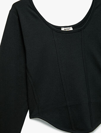 Pamuklu Uzun Kollu Kayık Yaka Crop Tişört