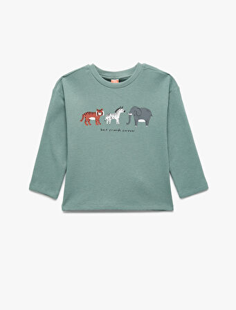 Pamuklu Hayvan Baskılı Bisiklet Yaka Uzun Kollu Tişört