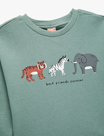 Pamuklu Hayvan Baskılı Bisiklet Yaka Uzun Kollu Tişört