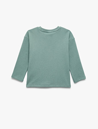 Pamuklu Hayvan Baskılı Bisiklet Yaka Uzun Kollu Tişört