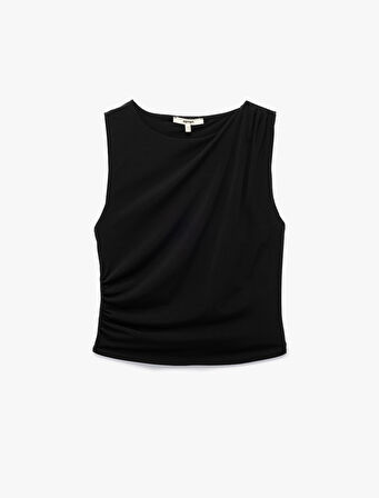 Krep Kumaş Slim Fit Drape Detaylı Bisiklet Yaka Kolsuz Bluz