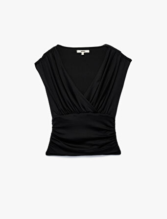 Slim Fit Drapeli Kruvaze Kolsuz Bluz