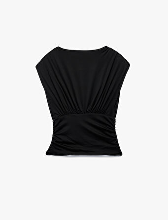 Slim Fit Drapeli Kruvaze Kolsuz Bluz