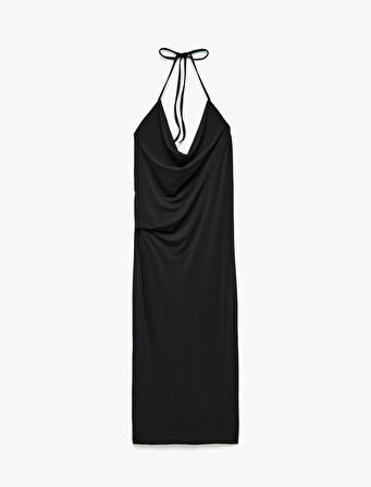 Krep Kumaş Slim Fit Boyundan Bağlamalı Halter Yaka Midi Boy Elbise