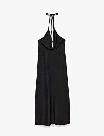 Krep Kumaş Slim Fit Boyundan Bağlamalı Halter Yaka Midi Boy Elbise