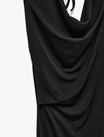 Krep Kumaş Slim Fit Boyundan Bağlamalı Halter Yaka Midi Boy Elbise