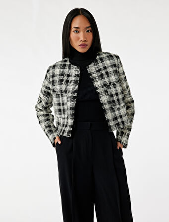 Taşlı Düğme Detaylı Cepli Uzun Kollu Bisiklet Yaka Ekose Tüvit Ceket