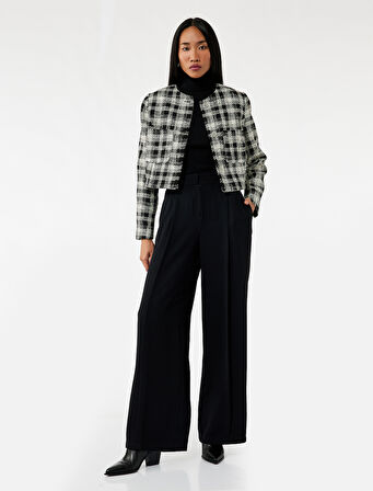 Taşlı Düğme Detaylı Cepli Uzun Kollu Bisiklet Yaka Ekose Tüvit Ceket