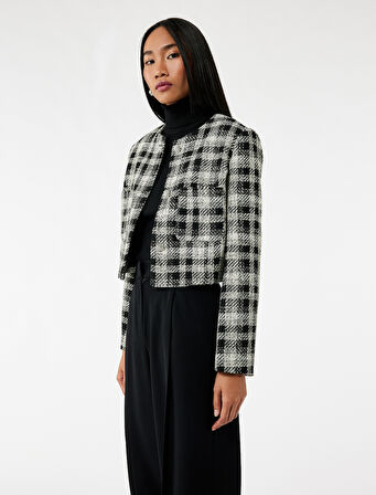 Taşlı Düğme Detaylı Cepli Uzun Kollu Bisiklet Yaka Ekose Tüvit Ceket