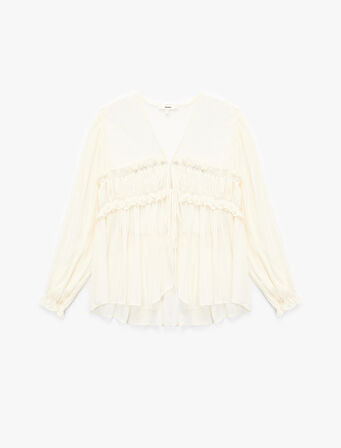 Uzun Kollu V Yaka Önden Bağlamalı Fiyonk Detaylı Fırfırlı Bluz