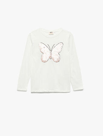 Pullu Payetli Uzun Kollu Bisiklet Yaka Pamuklu Tişört